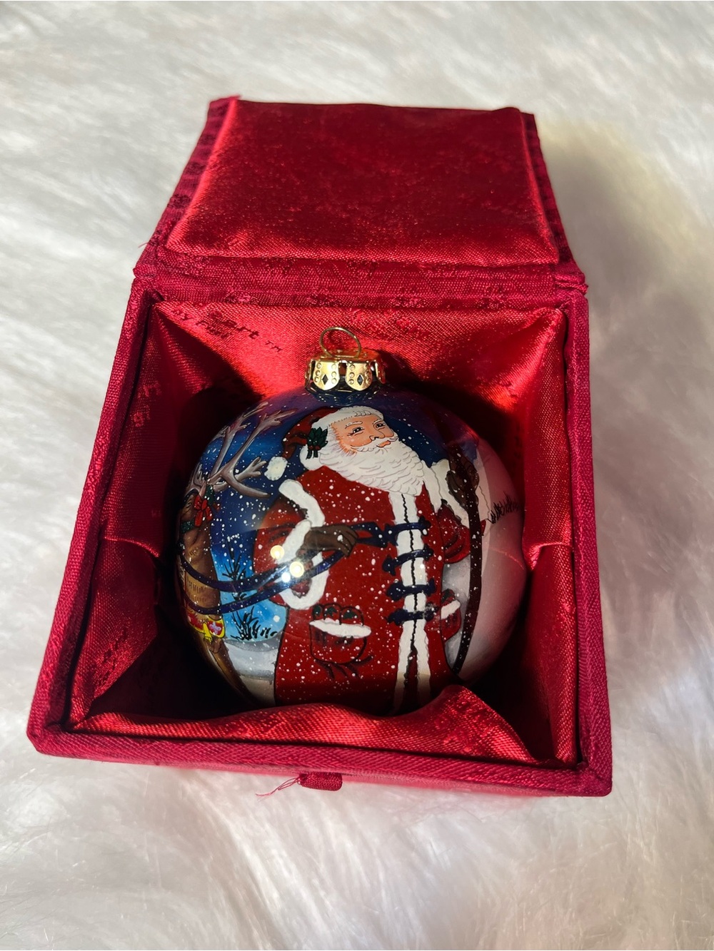 Hand Painted Santa and Reindeer Glass Ornament